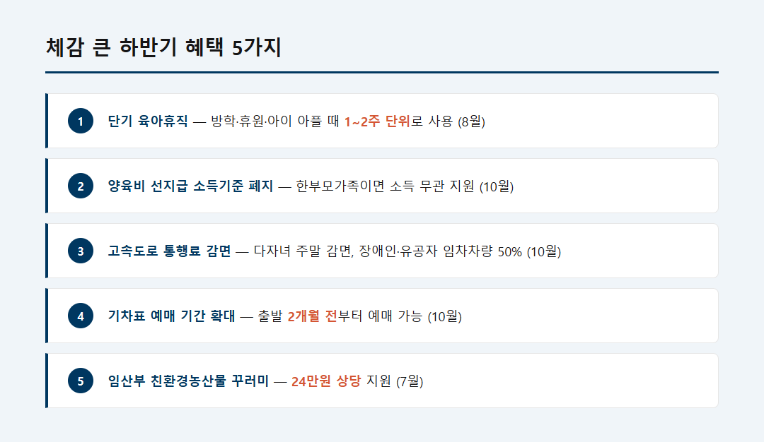 2026 하반기 체감 큰 혜택 5가지 - 단기 육아휴직 양육비 선지급 통행료 감면